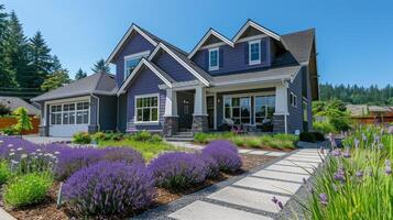 Beautiful front yard with lavender pathway residential home landscape photography serene environment daytime view photo