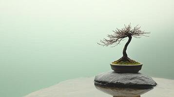 Minimalistic bonsai display on stone tranquil setting nature photography serene environment close-up view photo