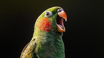 Parakeet in full squawk captured in nature bird photography vibrant environment close-up perspective expressive moment photo