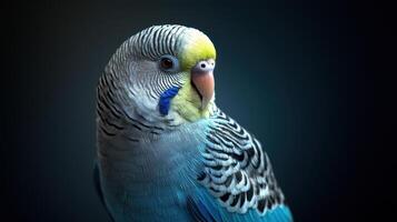Parakeet in midsquawk displaying unique expression studio setting animal portrait dark background close-up photography photo