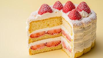 Sliced strawberry shortcake delight bakery food photography bright kitchen close-up dessert layers photo