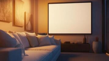 Cozy home theater setup with projector screen modern living room interior design warm lighting relaxing atmosphere photo
