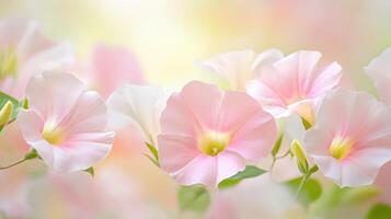 Delicate morning glories blooming in soft pastels nature photography serene garden setting close-up view photo