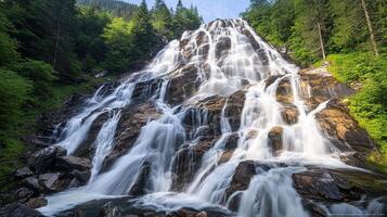 Majestic waterfall cascading over rocky cliffs in lush forest nature photography outdoor landscape scenic view photo