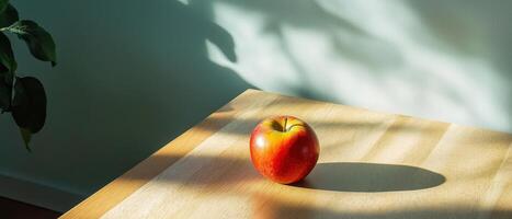 Minimalist kitchen table with apple indoor setting still life photography natural light close-up perspective photo
