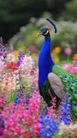 Vibrant peacock displaying splendid feathers amidst colorful wildflowers nature setting close-up view wildlife concept photo