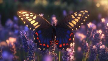 Whimsical butterfly wings resting on lavender blooms nature garden photography serene environment close-up capture photo
