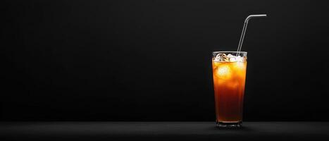Refreshing glass of cola with caramel hue on elegant table dark background beverage photography minimalist style photo