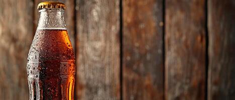Frosty cola bottle close-up rustic setting beverage photography warm atmosphere detailed shot refreshing concept photo