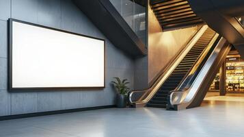 Illuminated billboard showcase in modern building urban environment indoor viewpoint advertising concept photo