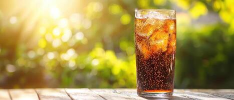 Refreshing cola drink served in a tall glass outdoor setting natural light refreshment concept photo
