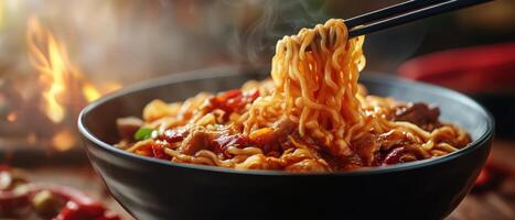 Delicious instant noodles preparation kitchen food photography cozy environment close-up view culinary delight photo