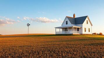 Charming modern farmhouse in fields rural landscape natural setting serene view simple design photo