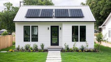 Eco-friendly microhome design features solar energy residential area architecture modern environment front view sustainable living photo