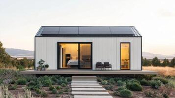 Eco-friendly compact microhome design modern architecture sustainable living outdoor environment wide angle view photo