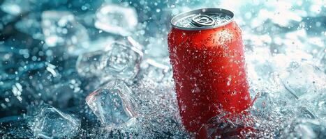 Refreshing cola can surrounded by ice outdoor setting beverage photography vibrant atmosphere close-up view refreshment concept photo