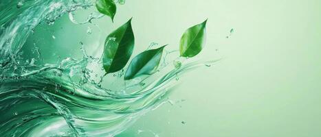 Vibrant green liquid wave with leaves nature background abstract art eco-friendly concept aesthetic viewpoint photo