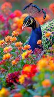Proud peacock displaying vibrant feathers amid colorful flowers in a garden setting nature photography photo