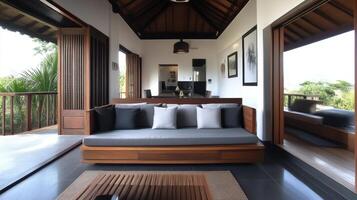 Elegant sleek wooden sofa in a sparsely decorated room modern interior design relaxing environment photo