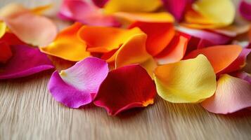 Macro shot of vibrant flower petals scattered on smooth surface nature photography close-up view colorful beauty photo