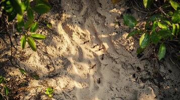 Ant trail adventure a topdown view through sandy terrain in nature capturing the intricate path of ants photo