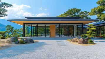 Modern single-story house with flat roof japan architecture nature exterior minimalist design photo