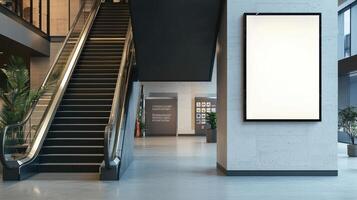 Illuminated vertical blank showcase billboard in modern interior space urban environment contemporary design photo