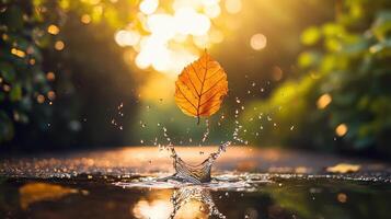 Water splash from falling leaf in nature close-up photography serene environment captured at sunset photo