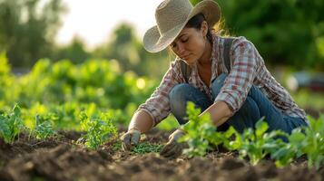 Female organic farmer planting seeds in sunny field agriculture photography nature environment close-up view photo