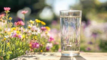 Refreshing glass of water on wooden table surrounded by colorful flowers in a serene garden setting photo
