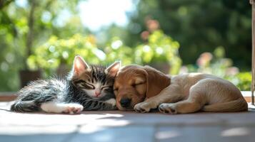 Sleeping kittens and puppies in a cozy garden adorable animal scene natural light serene atmosphere photo