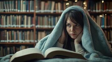 Cozy reading session library lifestyle image indoor close-up embracing comfort and solitude photo