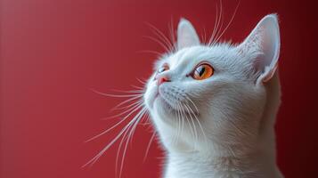 Captivating close-up of a white cat indoor setting animal photography red background portrait view enigmatic expression photo