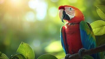 Vibrant parrot perched on branch lush rainforest background closeup photography nature setting colorful wildlife photo