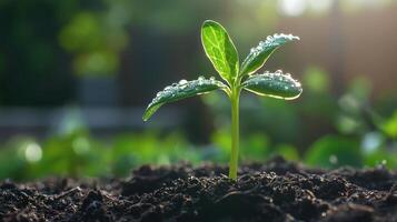 Closeup of green sprout with water drops nature garden plant growth sunlit environment macro perspective eco-friendly concept photo