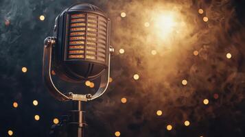 Live music performance studio setting vintage microphone dramatic lighting close-up shot creative concept photo
