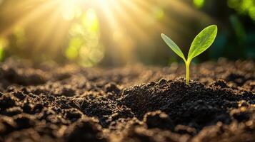 Emerging green sprout in rich soil nature macro photography sunlit garden environment close-up perspective photo