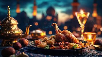 Celebratory ramadan feast cityscape food photography evening setting gourmet presentation photo