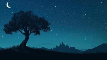 Starry night tree silhouette with crescent moon serene landscape digital artwork tranquil environment side view ramadan inspiration photo