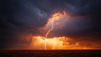 Lightning bolt illuminates dark sky over landscape nature photography dramatic weather scene artistic perspective photo