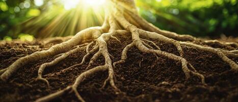 Intertwined roots in moist soil nature macro photography sunlit forest environment detailed viewpoint photo