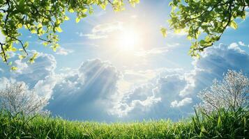 Dramatic sky and sunlit clouds over lush green field nature scene open space vibrant atmosphere photo