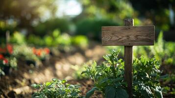 Tranquil organic garden scene with wooden signpost natural landscape photography serene environment close-up view photo