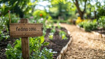 Organic garden peaceful scene with wooden signpost in lush environment nature photography outdoor view photo