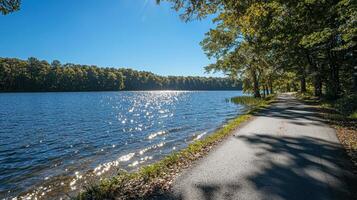 Scenic lakeside road with sunlight reflections serene nature tranquil environment outdoor photography photo