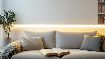 Modern library reading nook cozy interior design book lover's haven serene environment bright and inviting space photo