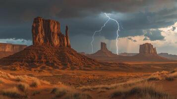 Stormy desert landscape with jagged rock formations dramatic weather nature photography monument valley thunderous skies photo