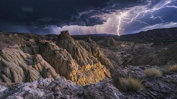 Stormy desert landscape with jagged rock formations nature photography dramatic environment nighttime viewpoint photo