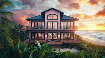 Stunning pink beach house coastal paradise real estate photography tropical environment aerial view luxury living photo