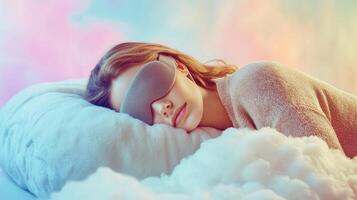 Blissful sleeping woman in cozy sleep mask dreamy clouds artistic photography calm atmosphere soft colors photo